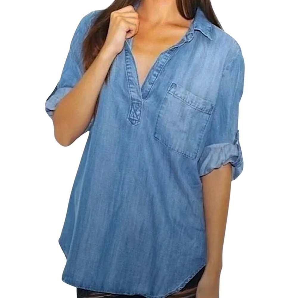 CLOTH & STONE Chambray Tencel Popover Tunic Shirt in Blue - Picture 2 of 11